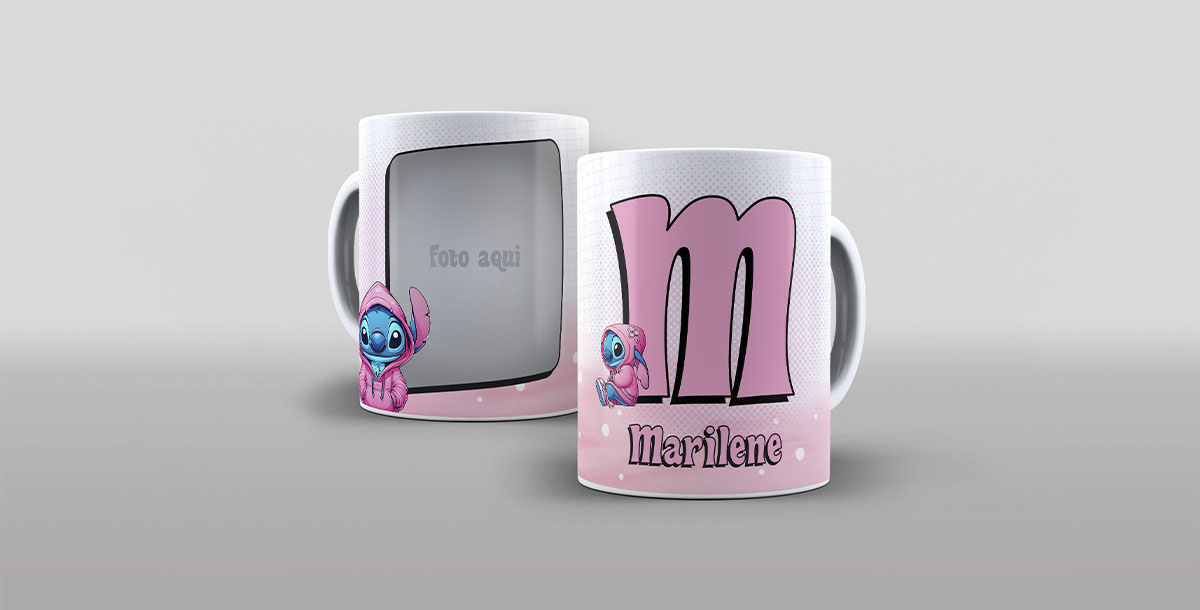 Caneca Inicial com foto Stitch rosa